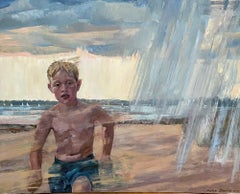 "Running away childhood" Figurative horizontal  oil painting . Realism