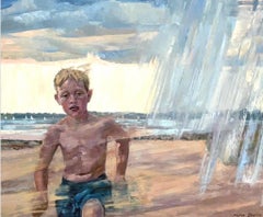 "Running away childhood" Figurative horizontal  oil painting . Realism