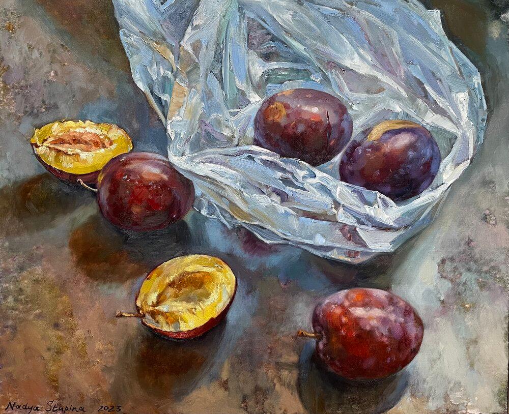 "Saison des prunes" . Le réalisme. Huile sur toile . Nature morte . Horizontal