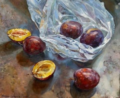 "Saison des prunes" . Le réalisme. Huile sur toile . Nature morte . Horizontal