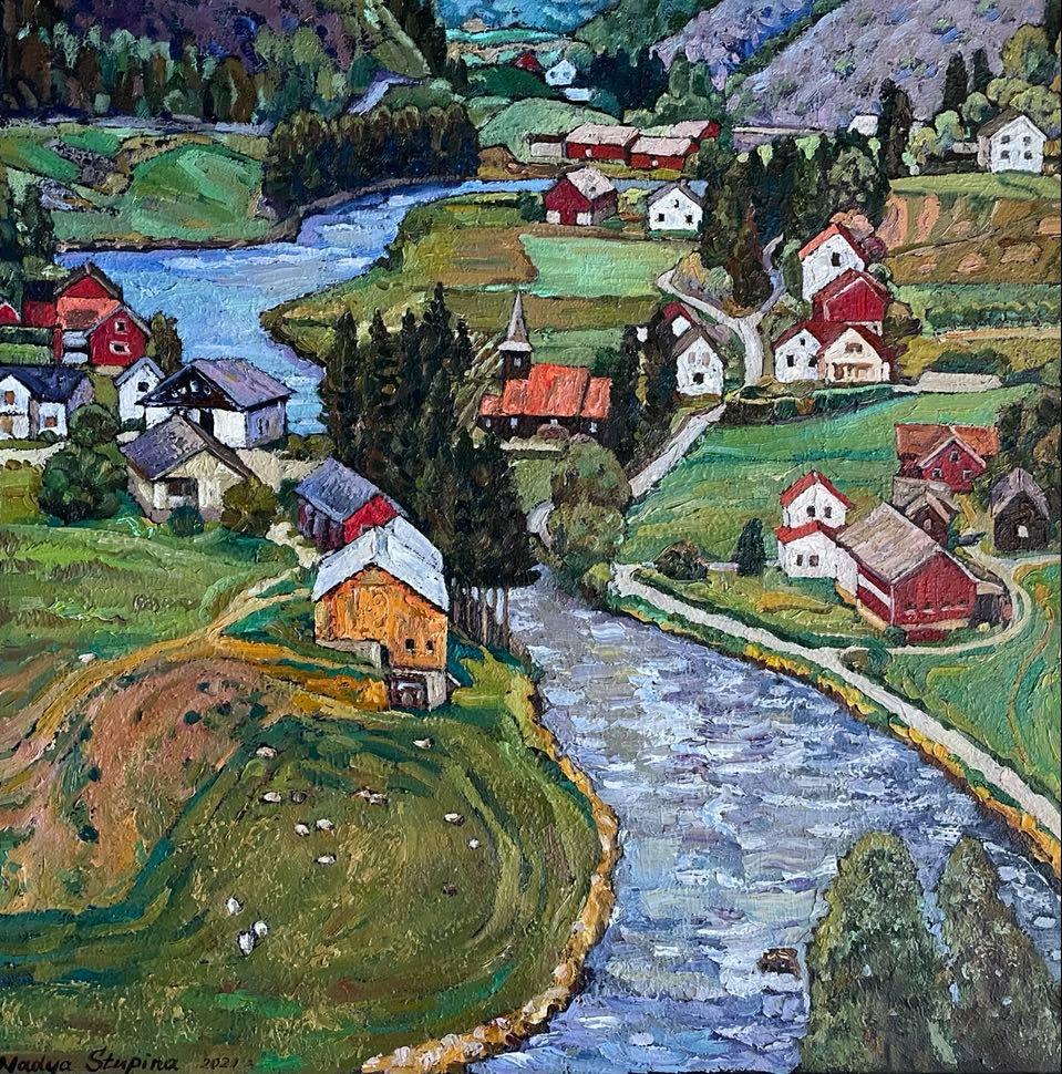 Landscape Painting de Nadezda Stupina - "Corto  verano noruego".  Original  paisaje impresionista cuadrado.  impasto