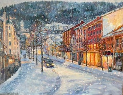 «Snowy evening in Bergen» Original impressionistic landscape. Large painting