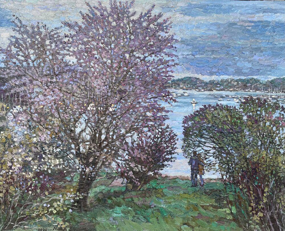 Landscape Painting di Nadezda Stupina - "Serata di primavera al fiordo" Grande  . Orizzontale impressionista  paesaggio