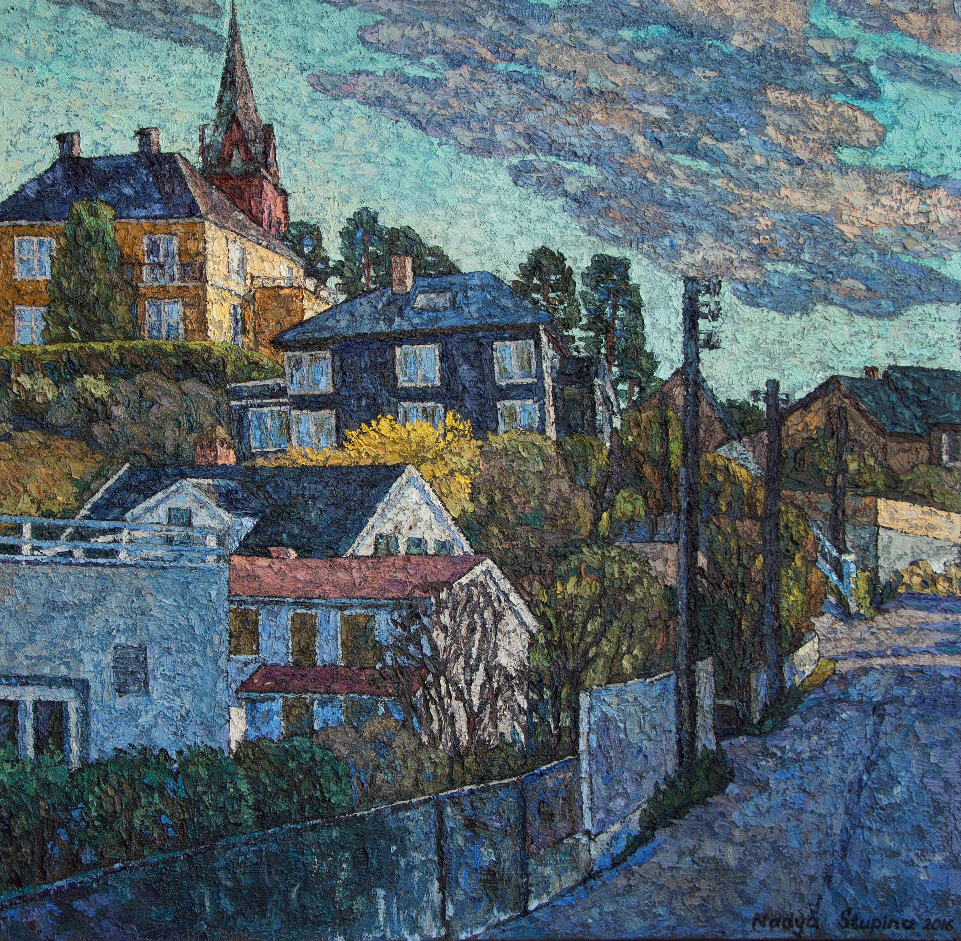 "Soirée de printemps à Malmøya" Original Grand paysage carré. Peinture à l'huile