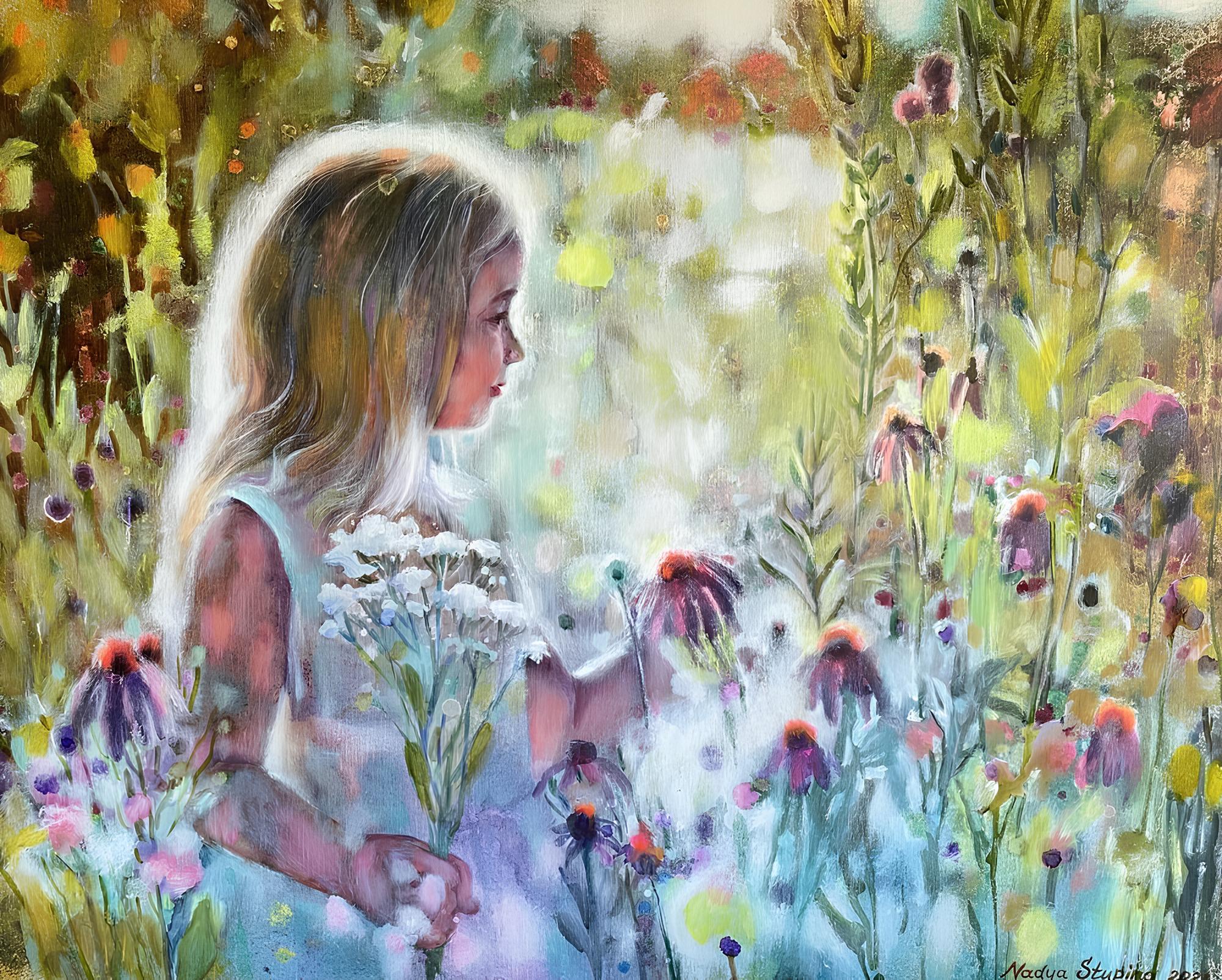 "Frühlingsmädchen". Zeitgenössisches Porträt . Großes horizontales Gemälde.
