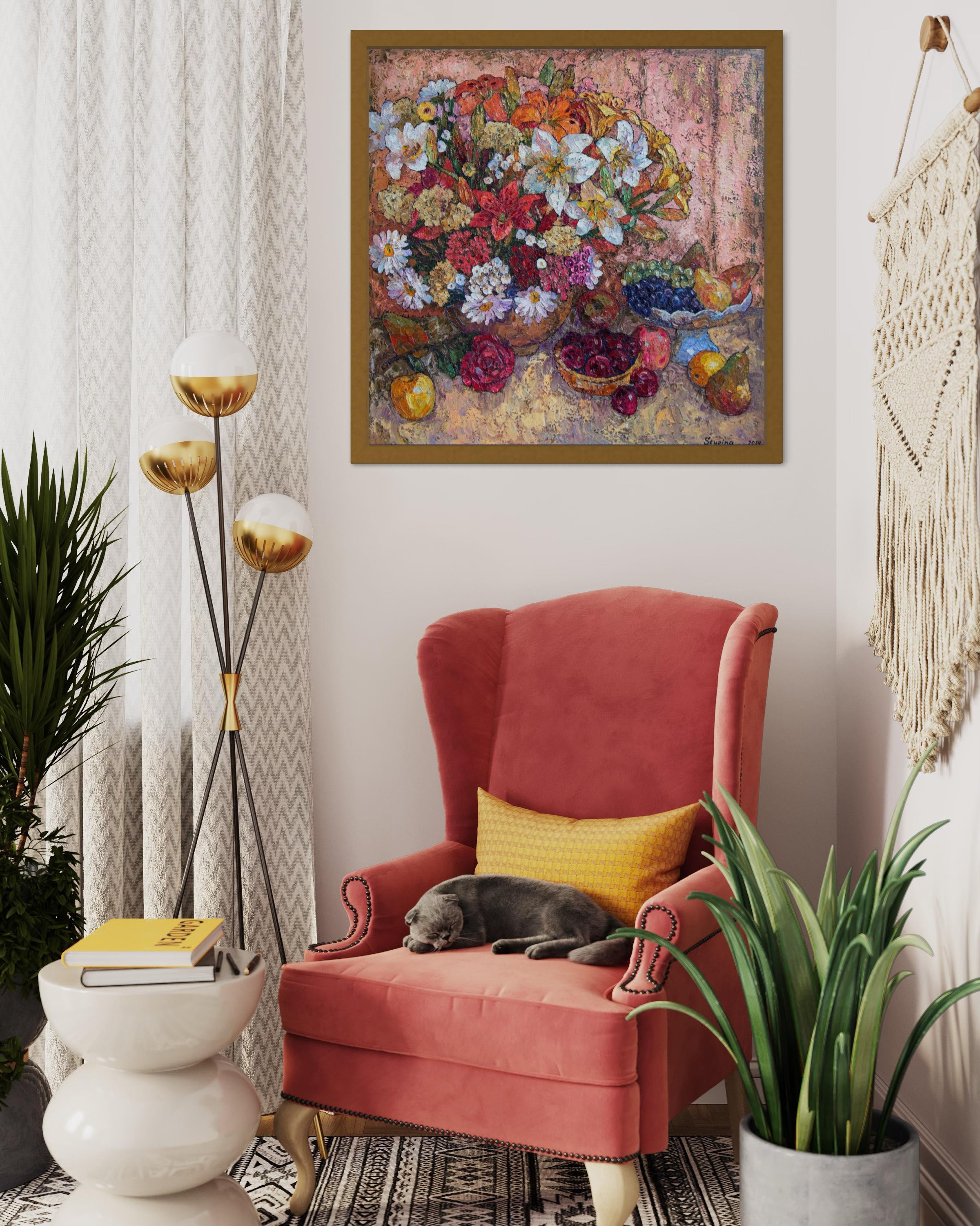 Al crear esta pieza, me sumergí en la fusión del impresionismo y las bellas artes, utilizando óleos para dar vida a vibrantes lirios y exuberantes frutas. Cada pincelada encarna vitalidad, manifestando una sinfonía de colores y texturas que danzan