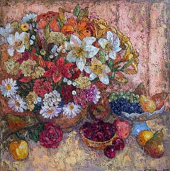 "Bodegón con lirios" Pintura al óleo impresionista original. Cuadrado grande