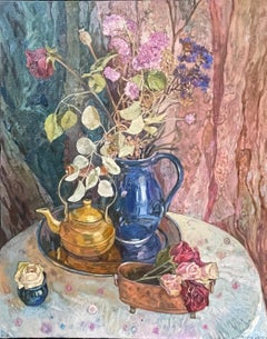 Still life with a brass teapot. Original still life painting . Vertical Large