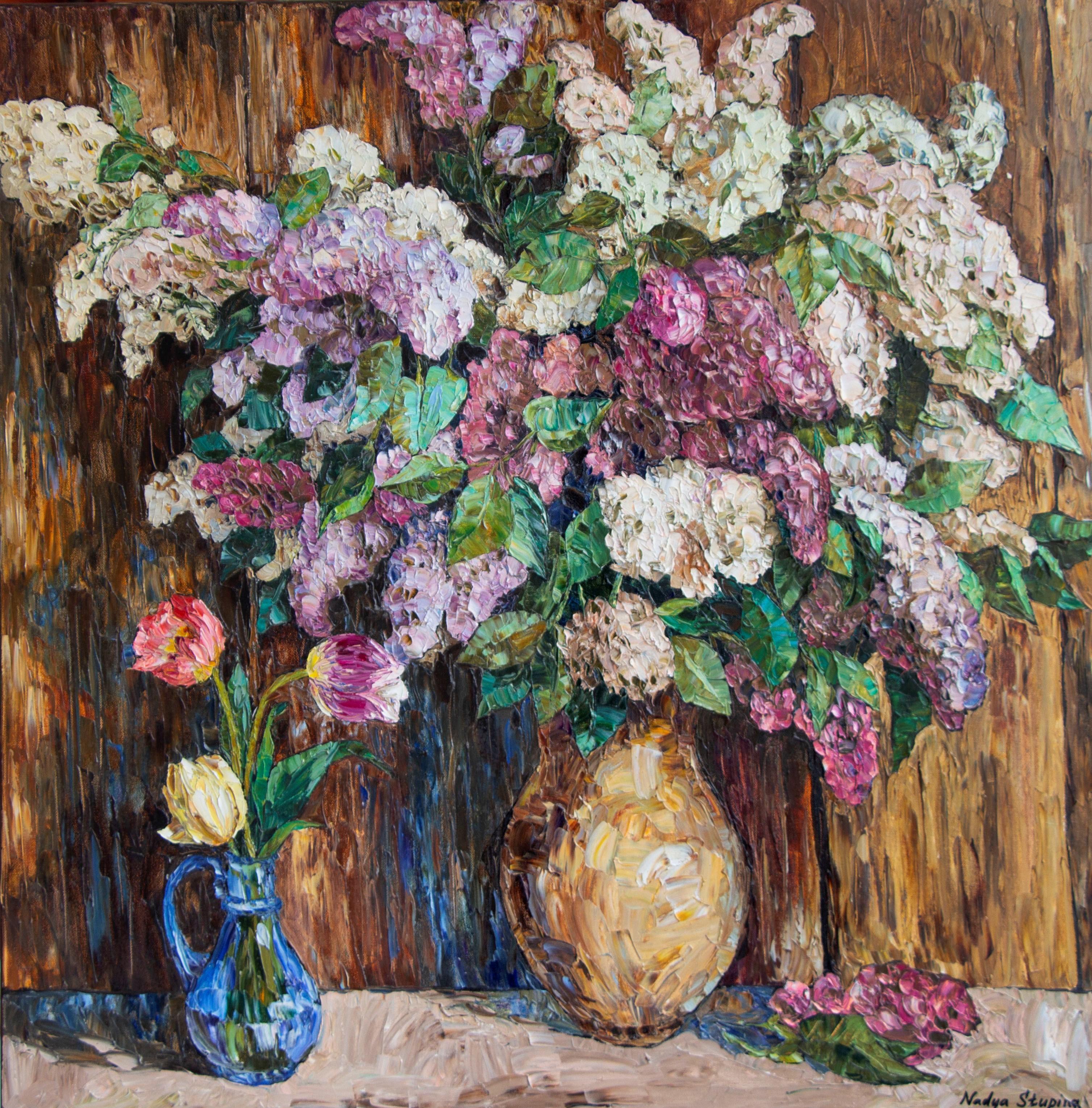 Nadezda Stupina Still-Life Painting - "Still life with lilac" Square Large oil painting for interior
