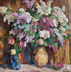 "Bodegón con lilas" Cuadrado Gran óleo para interior