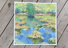 Eco del estanque de verano. Pintura original de paisaje. Cuadrado . Tamaño mediano. Aguada.