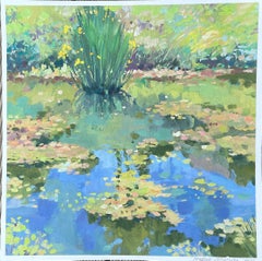 Eco del estanque de verano. Pintura original de paisaje. Cuadrado . Tamaño mediano. Aguada.