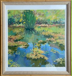 Écho de l'étang d'été. Peinture de paysage originale. Carré . Taille moyenne. Encadré