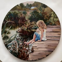 "Historias de verano. En el  estanque cubierto de maleza" Pintura al óleo original . Lona redonda.