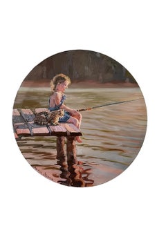 "Summer stories. Fishing team." Round canvas . Oil painting . Figurative.