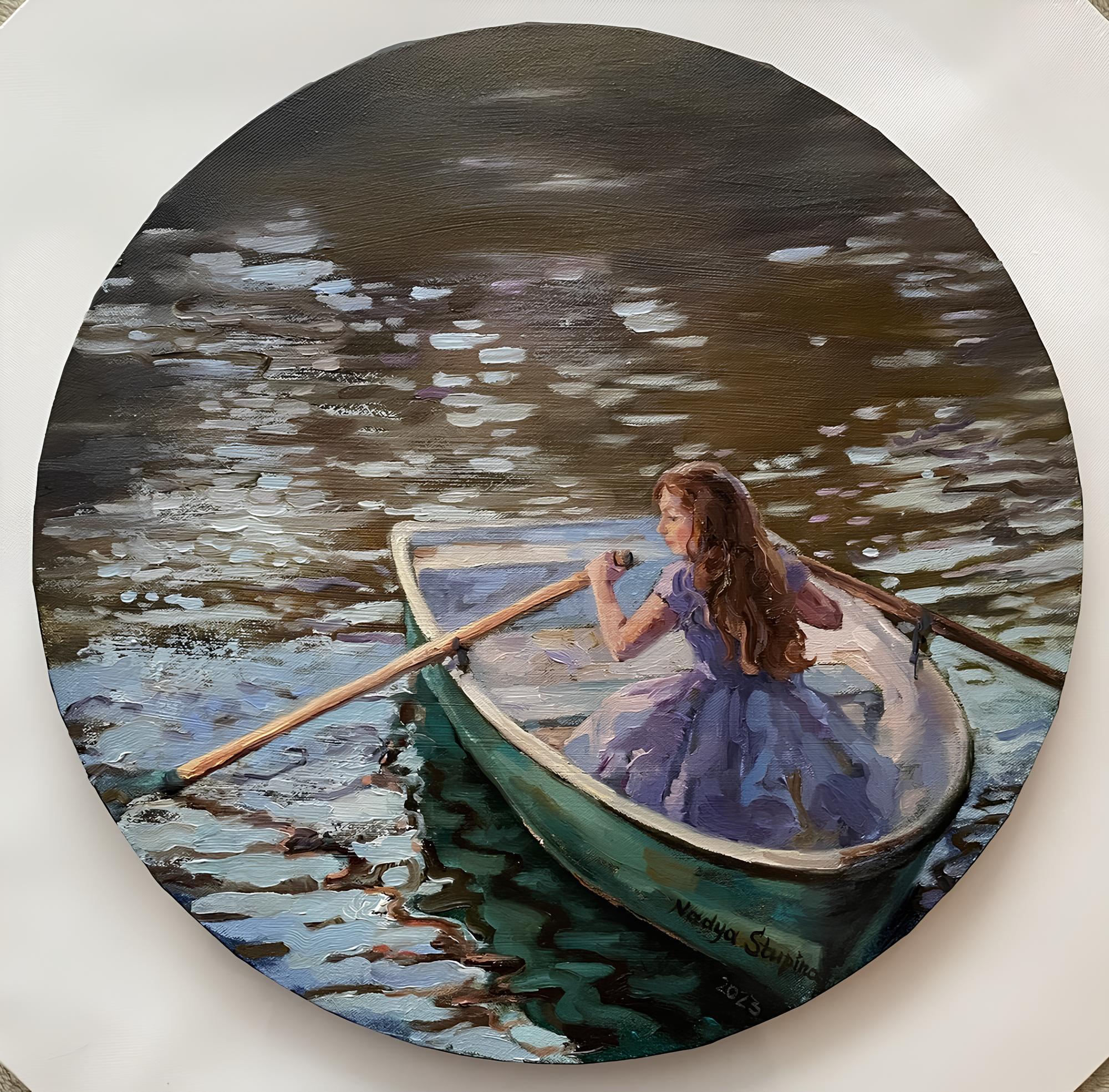 Nadezda Stupina Figurative Painting – Sommergeschichten. Mädchen in einem grünen Boot.