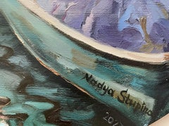 "Storie d'estate. Una ragazza in una barca verde". Pittura a olio originale. tela rotonda.