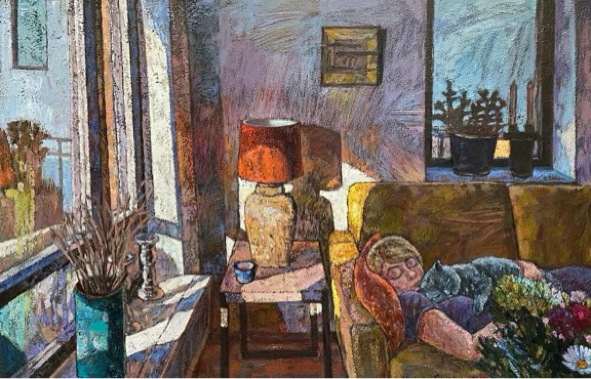 Figurative Painting de Nadezda Stupina - "Sol en casa" Gran cuadro figurativo. Horizontal para interior