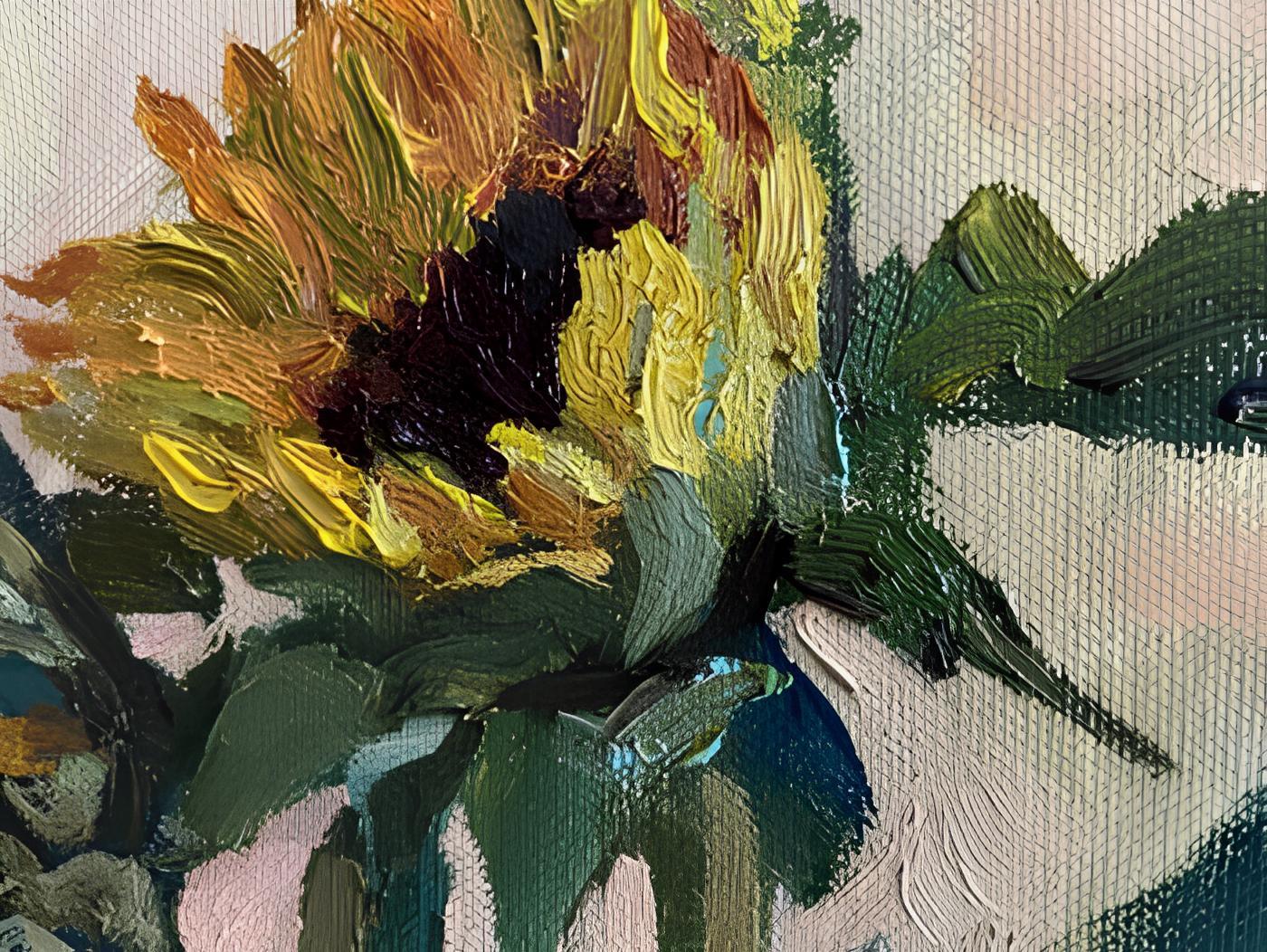 Sunflowers in a blue vase - Impressionist Painting by Nadezda Stupina