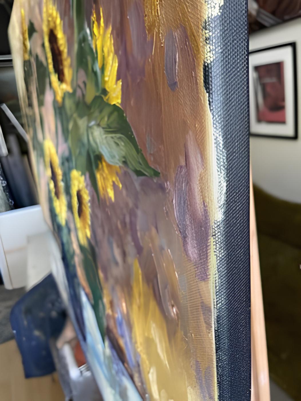 Through impasto strokes and vivid oils, I've brought to life a dance of sunflowers, capturing their raw, sunlit essence. In a harmonious clash of warmth against cool blues, the emotion in this impressionistic scene resonates with nature's bold