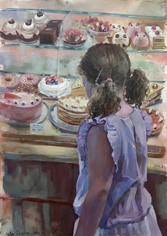 "Dolci avventure"  Pittura ad olio originale su carta. Impressionismo verticale di grandi dimensioni
