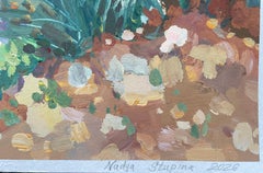 The shore of the Orb river. Original landscape painting. Square. Gouache paper