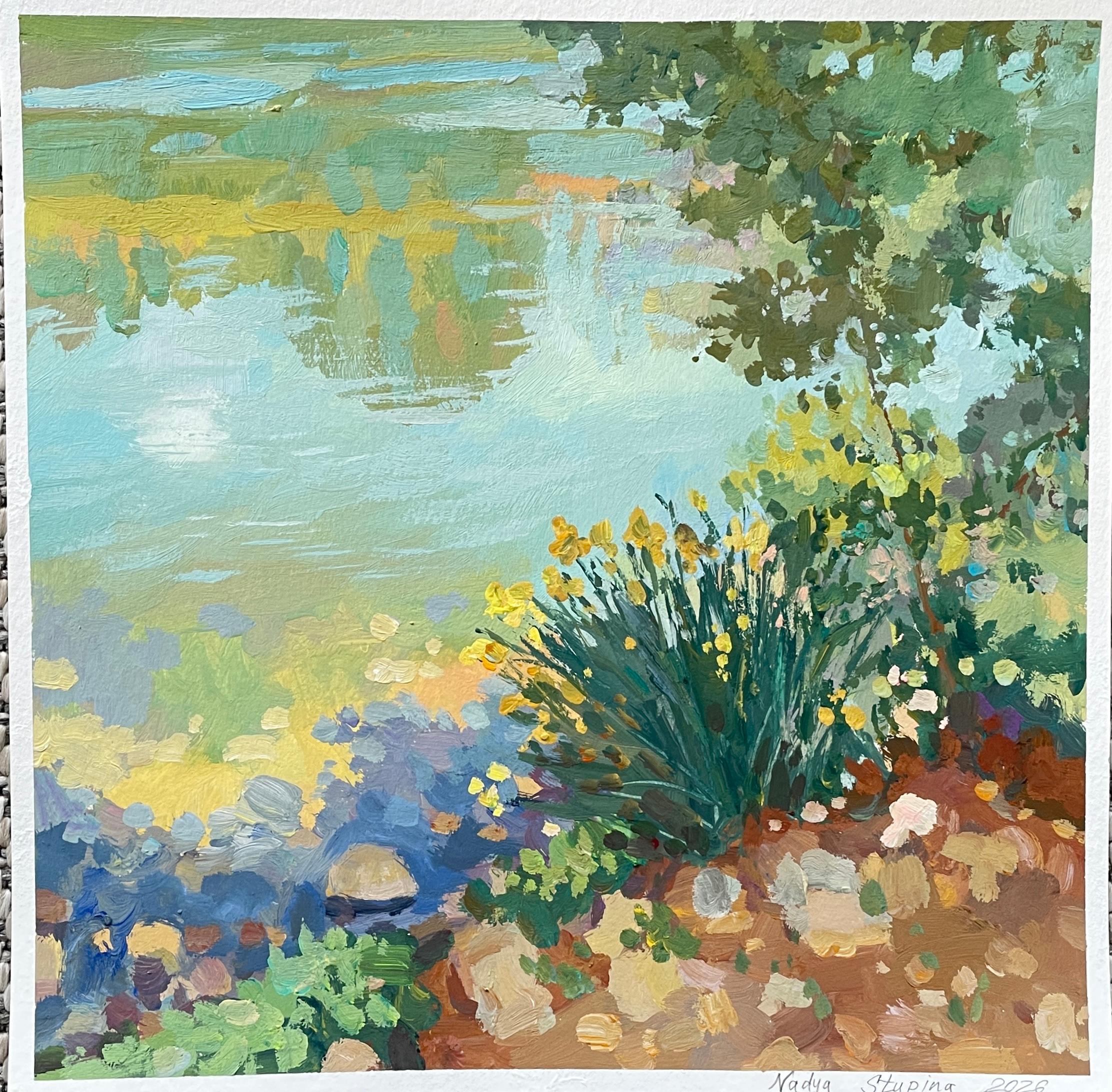 Nadezda Stupina Landscape Painting - The shore of the Orb river. Original landscape painting. Square. Gouache paper