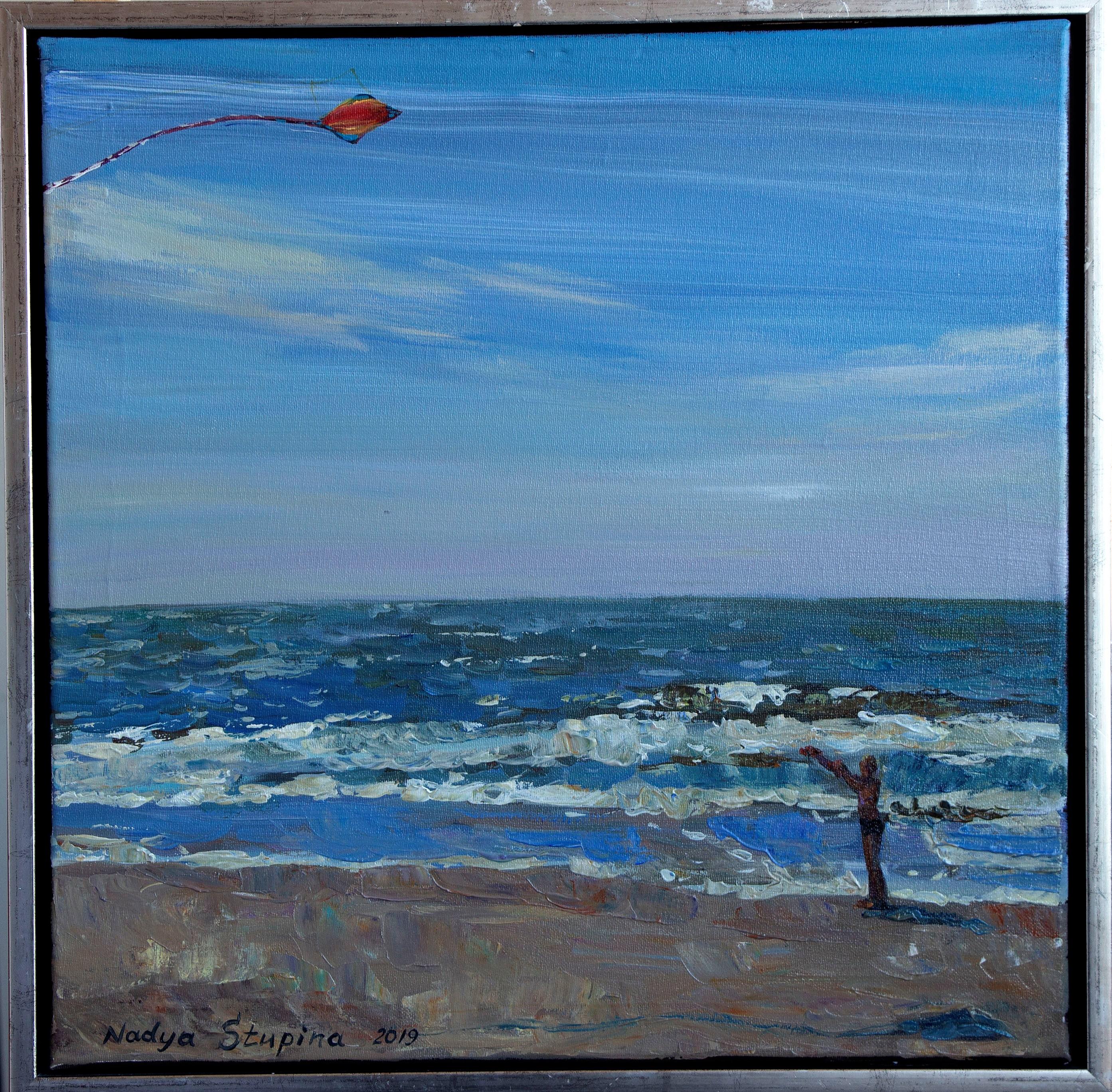 Figurative Painting de Nadezda Stupina - "Tríptico " Blåvand" Niño con una cometa". Pintura impresionista original.