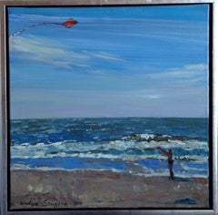 "Trittico "Blåvand" Ragazzo con aquilone". Pittura impressionistica originale.