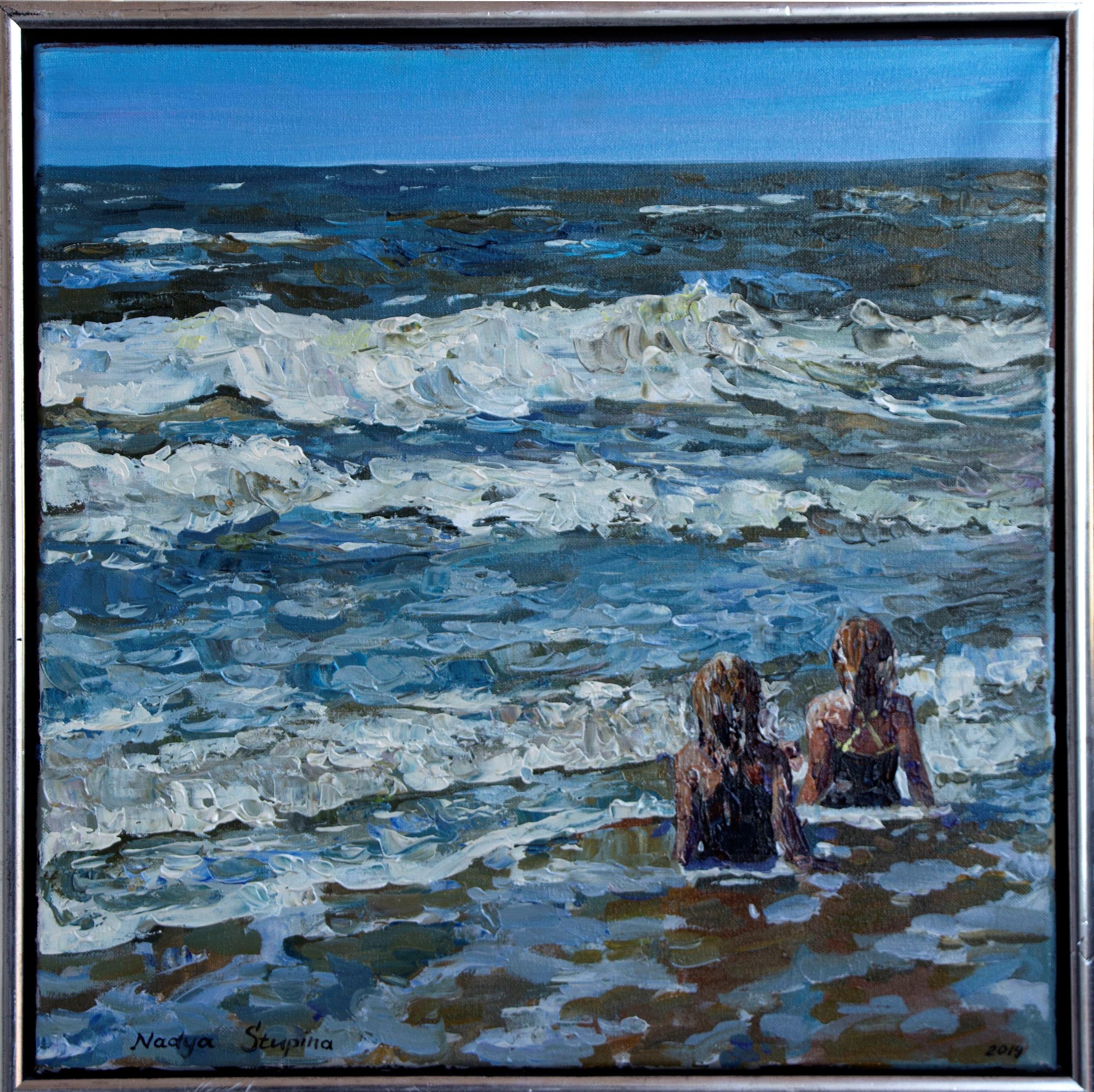 Nadezda Stupina Figurative Painting – Triptychon " Blåvand" Mädchen und Meer .