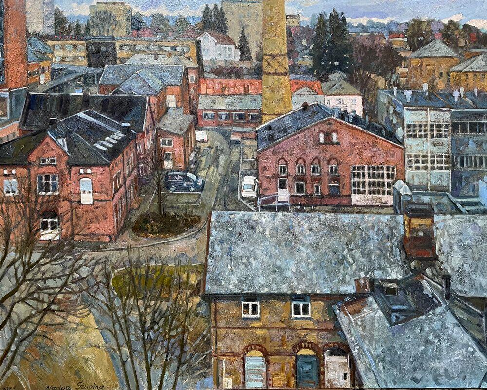 Nadezda Stupina Landscape Painting – "Ullevål" Originelle große horizontale Stadtlandschaft . Ölgemälde Impasto-Gemälde