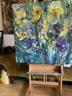 "Van Gogh's vibrations" Square  large oil painting . Floral. Irises .Impressions
