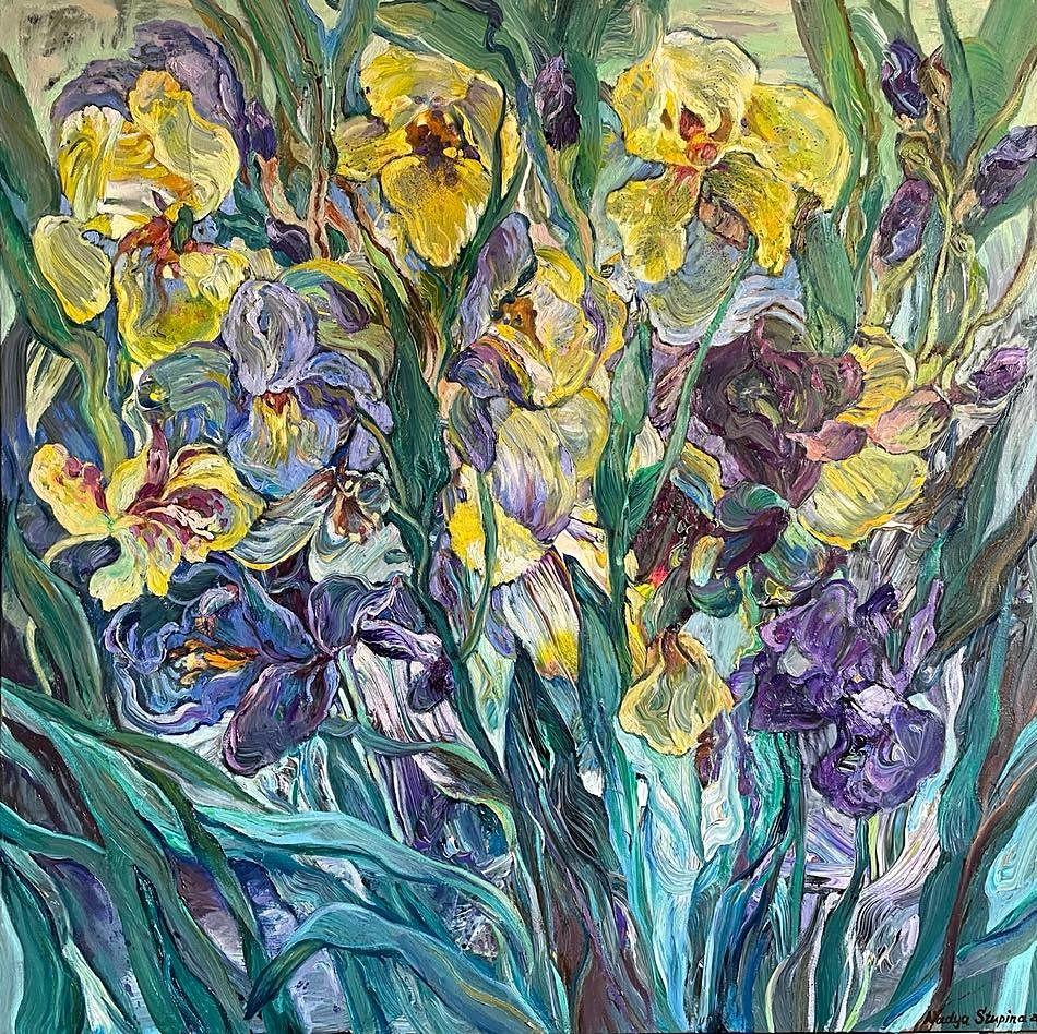 "Plaza "Las vibraciones de Van Gogh  gran cuadro al óleo . Floral. Irises .Impresiones