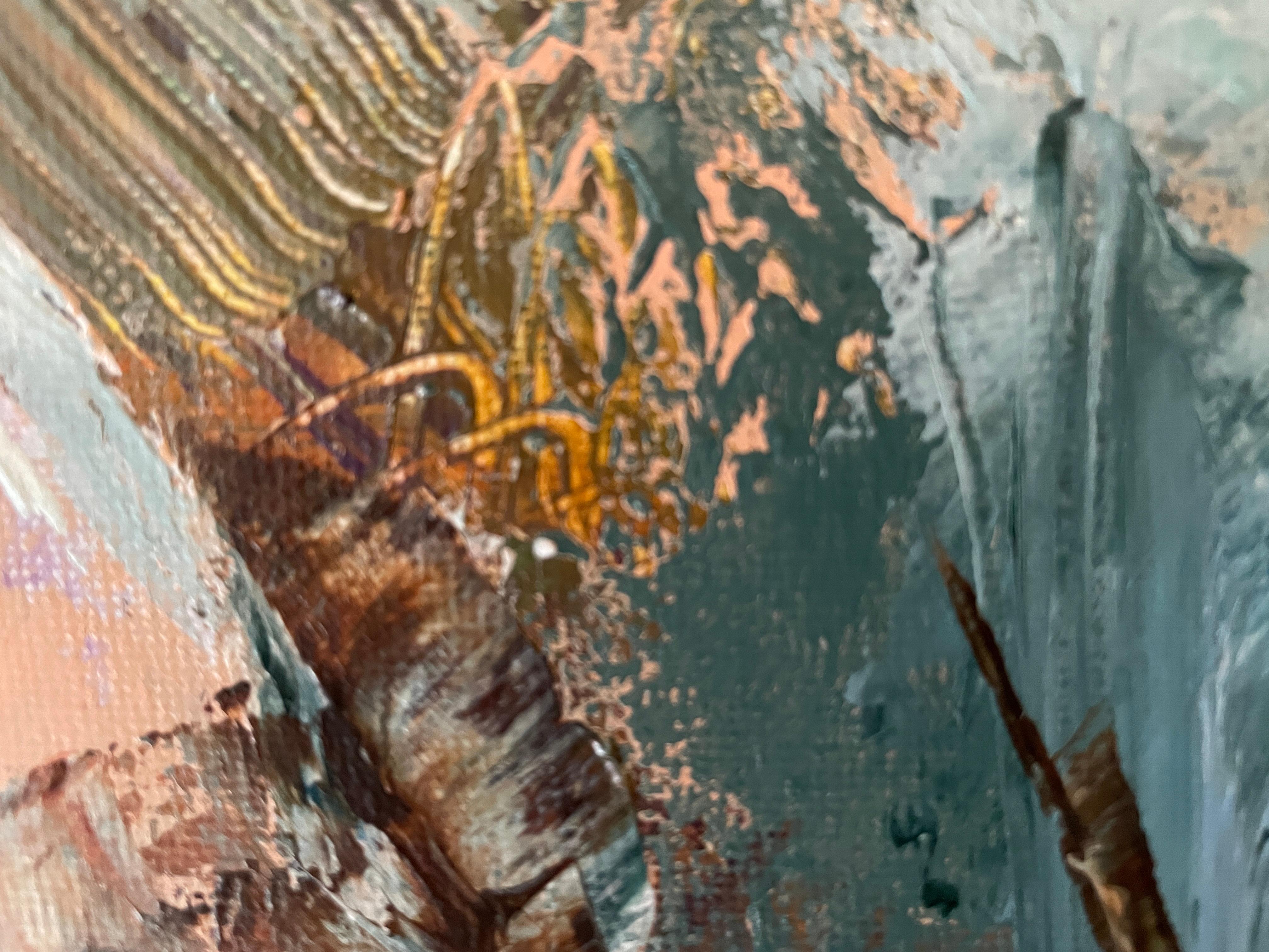 This artwork is a vivid explosion of abstract expressionism, characterized by dynamic brushstrokes and a harmonious blend of colors. The artist expertly intertwines earthy greens and browns with subtle hints of soft pinks and blues, creating a