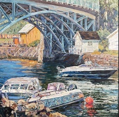 "Passeggiata sotto il ponte" Paesaggio impressionistico originale . Piazza . Impasto