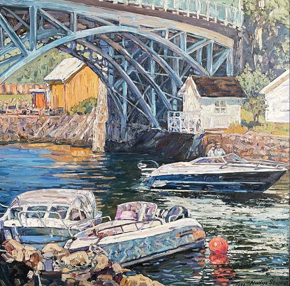 Nadezda Stupina Landscape Painting - "Walking under the bridge" Original impressionistic landscape . Square . Impasto