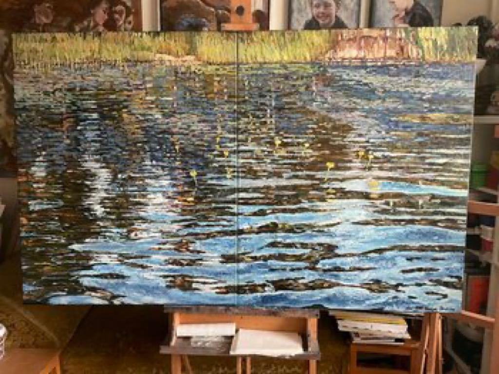 Nenúfares en el lago Rørvannet.  Talla XXL  Impresionismo - Landscape Painting Gris de Nadezda Stupina