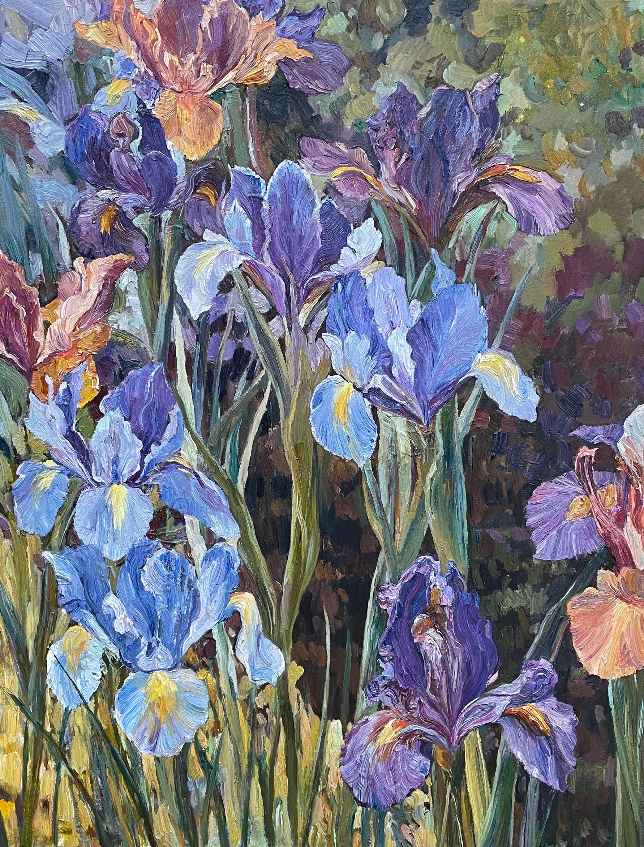 When the irises were big . Large floral painting for interior . Vertical .