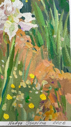 Weiße Schwertlilien im Garten. Original-Blumengemälde. Klein. Geschenk .