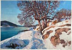 L'inverno al fiordo. Pittura paesaggistica originale. Guazzo su carta. Dimensioni medie