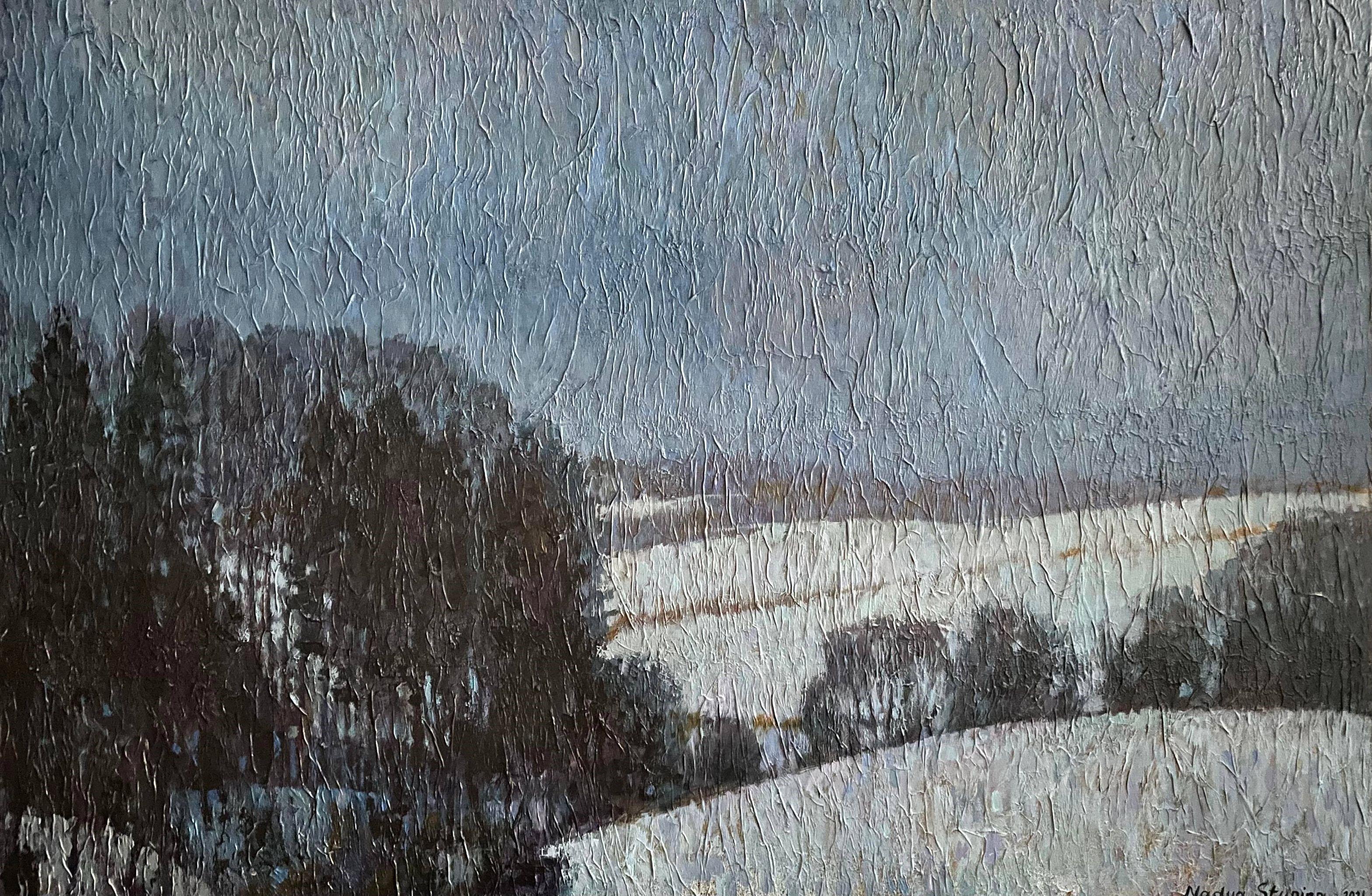 Landscape Painting di Nadezda Stupina - Riposo invernale Paesaggio impressionistico originale. 80 x 120 cm. Olio su tela.