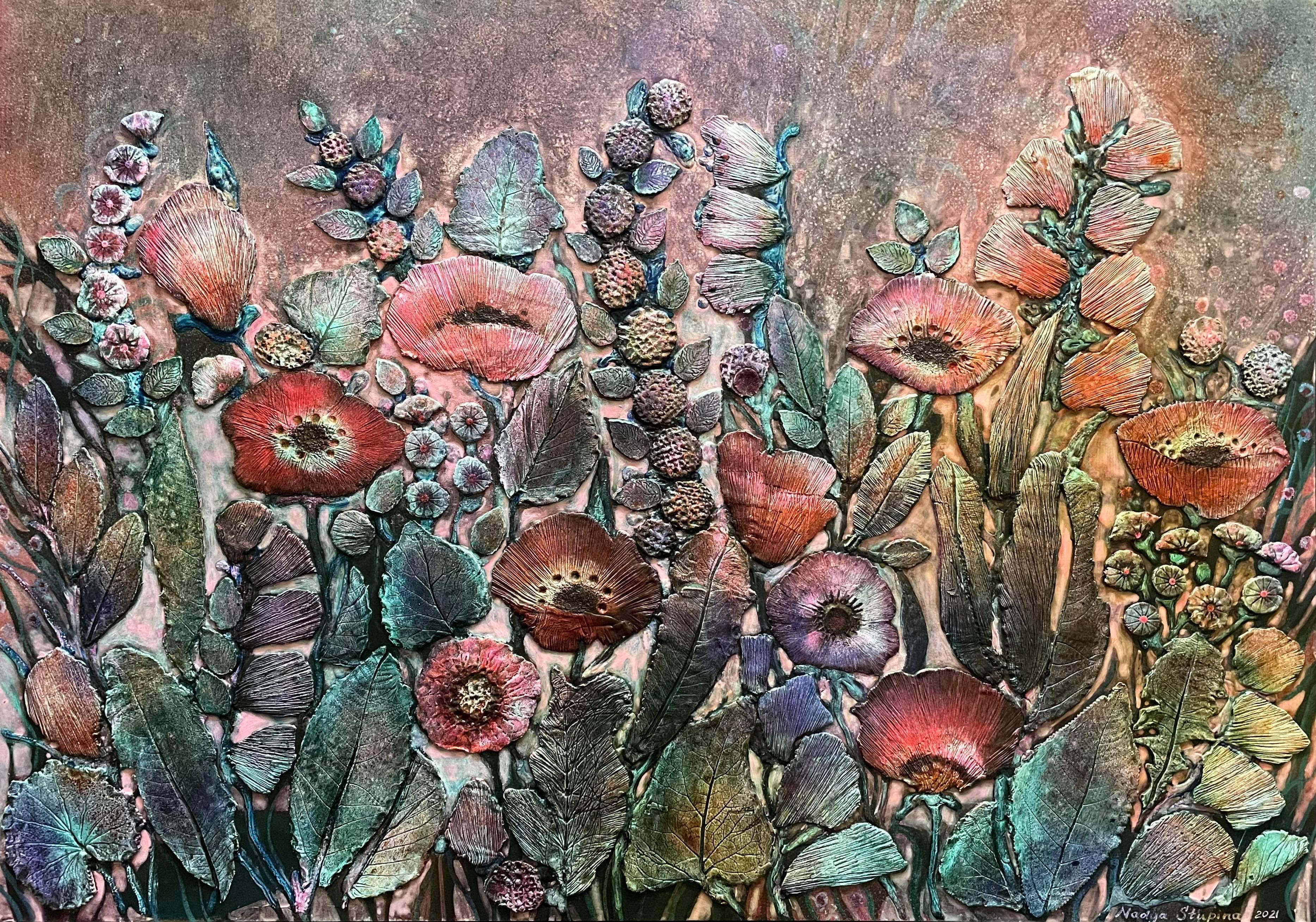 "Giardino magico. Crepuscolo rosa". Un'opera d'arte originale unica con bassorilievo floreale