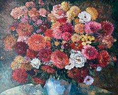 «A lush bouquet in a white vase» Original floral painting . Large . Impasto.