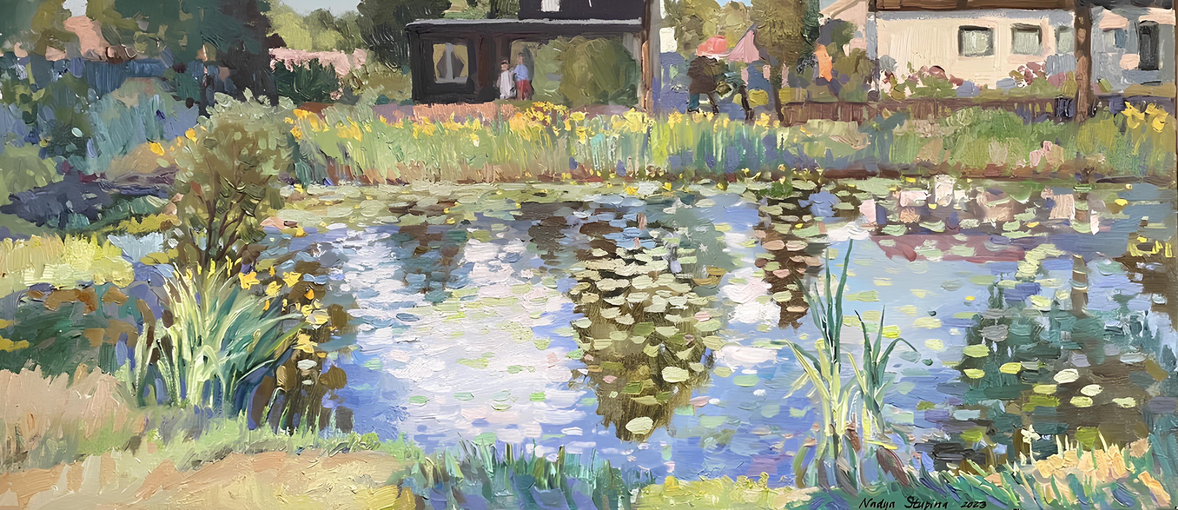 Nadezda Stupina Landscape Painting - A pond with water lilies and irises 1