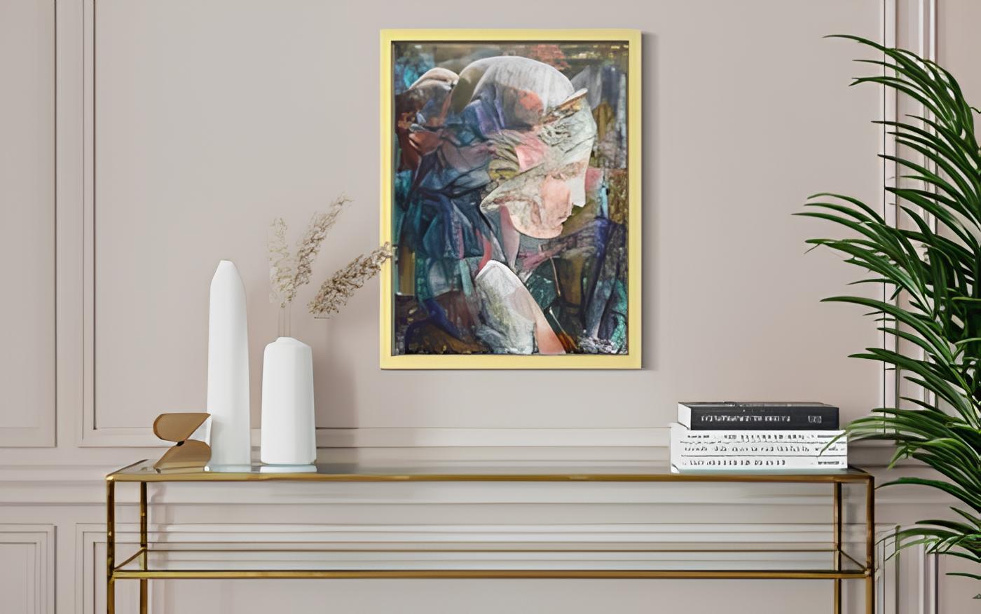 In the paintings of this series , images of antique figures and statues are used to talk about the eternal in modern language , as well as to present antiquity in a modern way .The work is framed in a black  frame and ready for hang.
The gallery