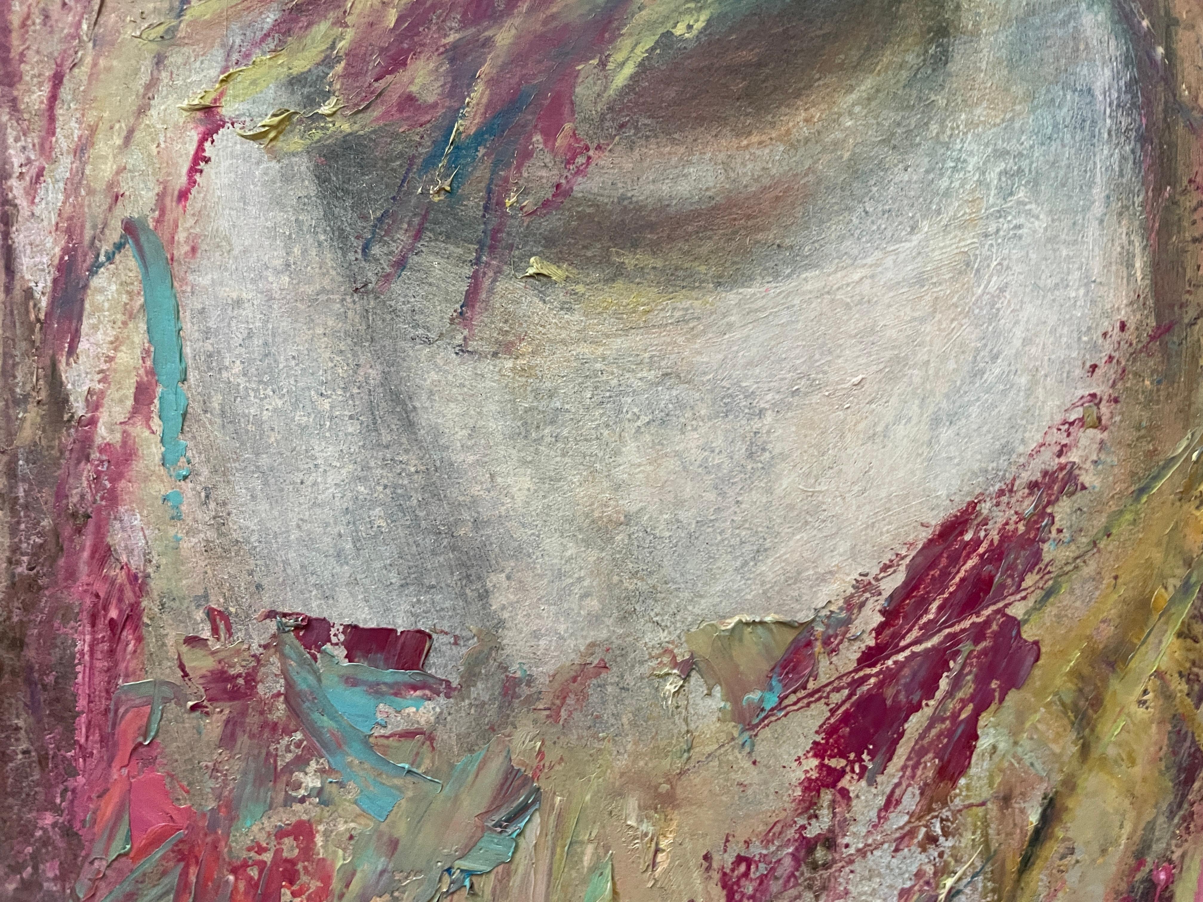 This artwork presents a mesmerizing fusion of abstract expressionism and classical portraiture. A ghostly visage emerges from a vibrant tapestry of colors and textures, blending soft pastels with bold strokes of reds, pinks, and greens. The face