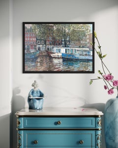 "April day on the channel" Original modern cityscape. Framed acrylic painting