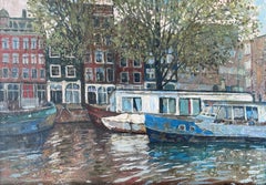 "Día de abril en el canal" Original paisaje urbano moderno. Pintura acrílica enmarcada