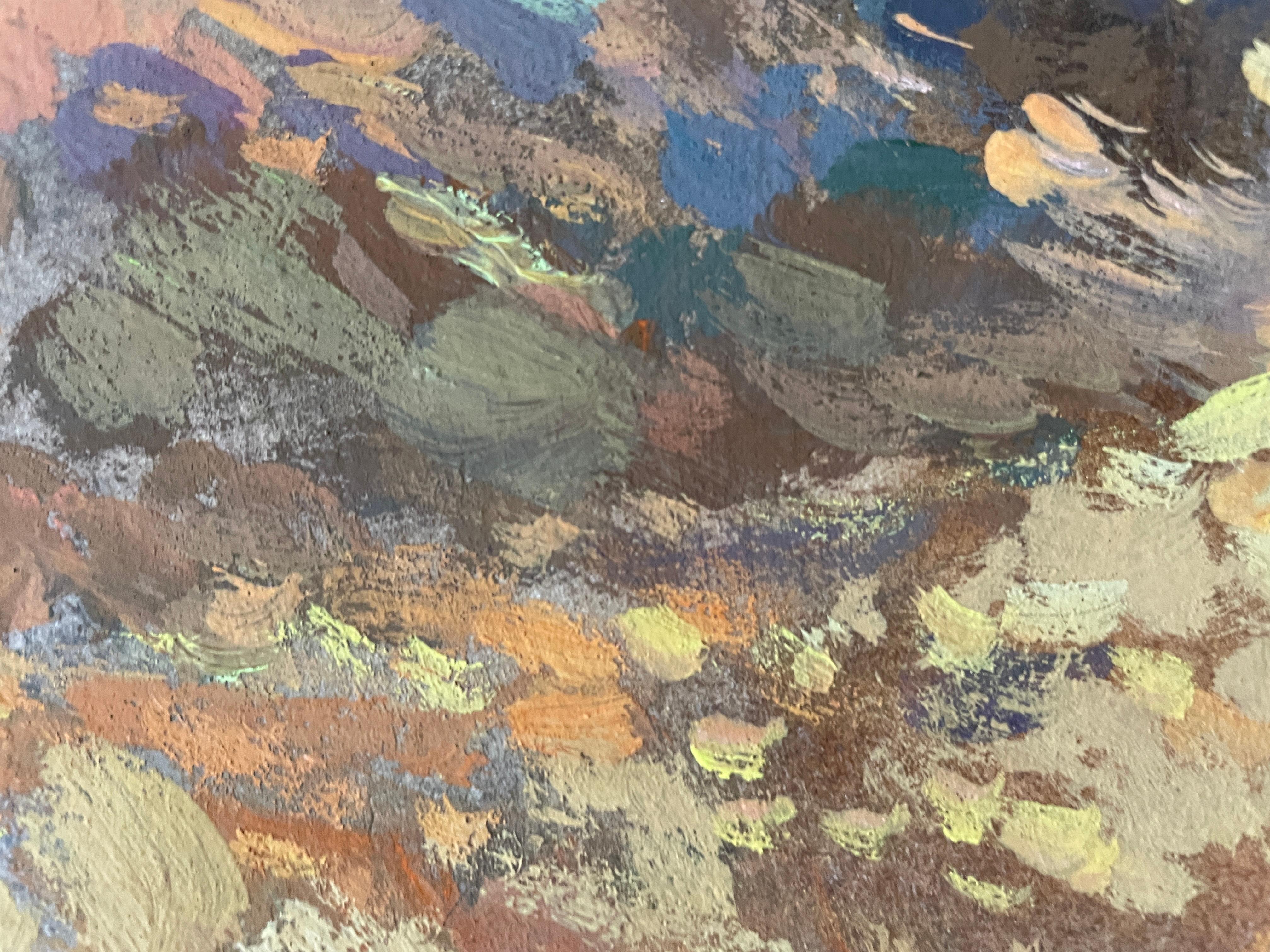 This artwork masterfully captures an autumn landscape, brimming with rich, earthy tones. A symphony of russet, amber, and gold dominates the canvas, as deciduous trees stand tall under a vibrant blue sky scattered with wisps of clouds. The interplay