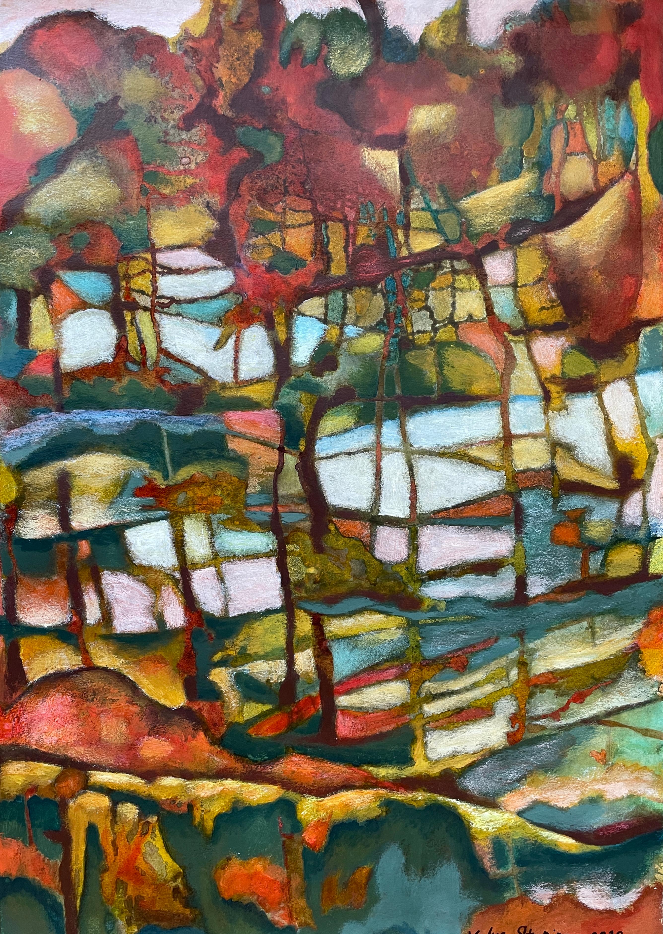 Dipinto astratto "Alberi d'autunno", olio su tela, 100x70 cm, firmato